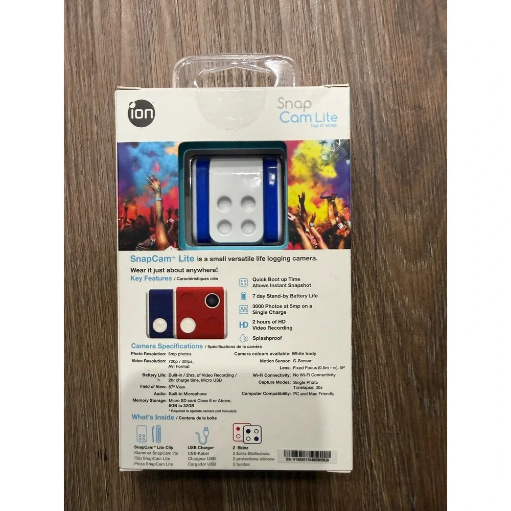 iON SnapCam Lite Wearable HD Video Camera 5MP 720p Splashproof Blue New‎
